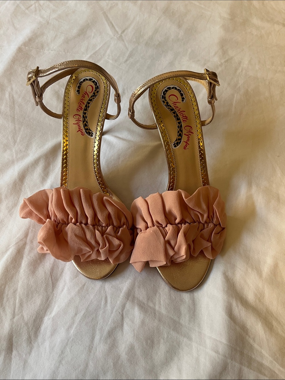 Charlotte Olympia Peach Ruffle Ankle-Strap Heels